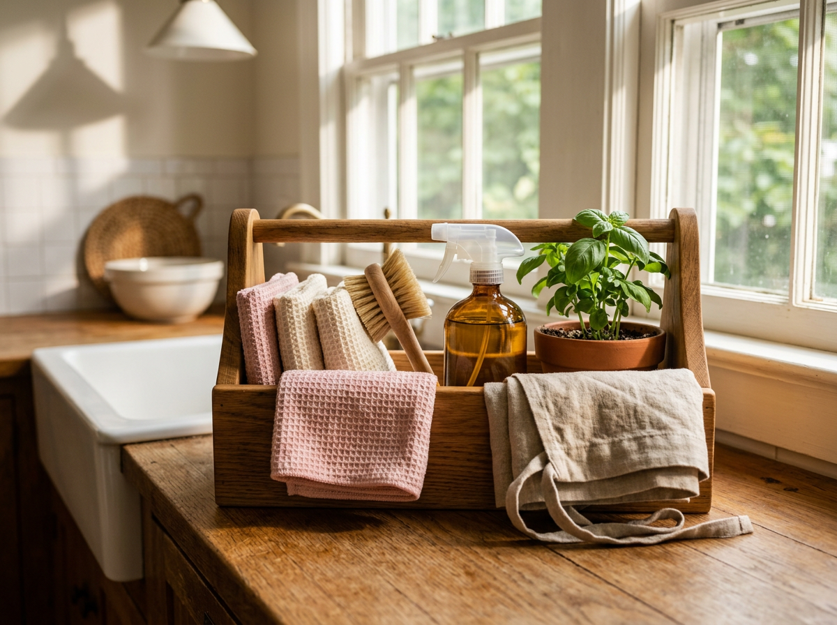 Warm sunlit kitchen counter with a wooden cleaning caddy holding microfiber cloths, brush, and amber spray bottle