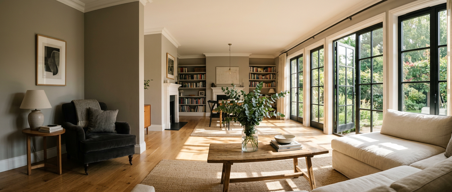 Panoramic living room with dark lounge corner transitioning into bright window-lit seating area